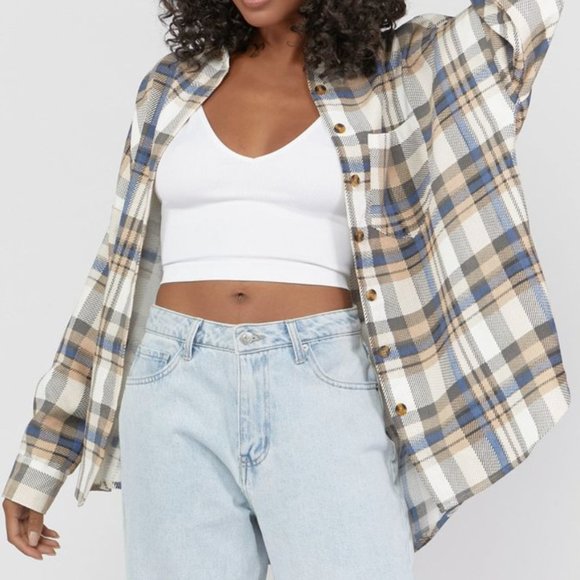 Oversized Plaid Button-Front Shirt - Cream, Black, Blue - Picture 1 of 6